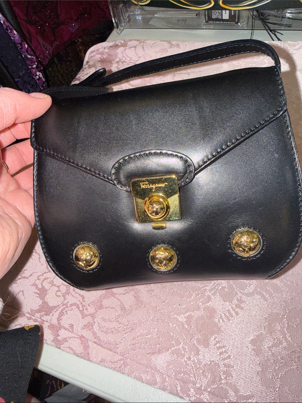 Salvatore Ferragamo Black Leather Shoulder Bag with Gold-Tone Hardware